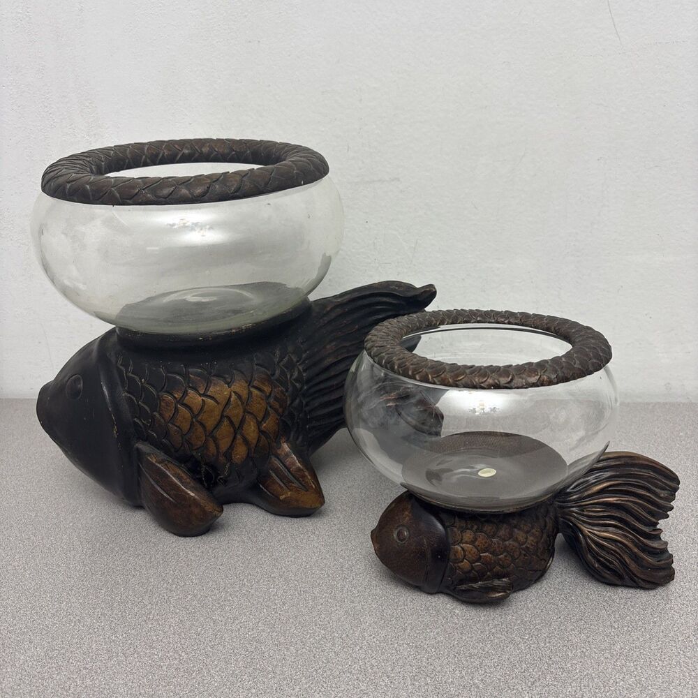 Vintage Set Of 2 Koi Fish Bowl Stands, 12”, & 8”, With Glass Bowl & Top Ring